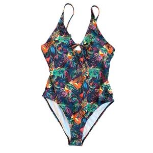 Women's Tropical One Piece Swimsuit XL Cutout Front Jungle Neon Vacay Summer